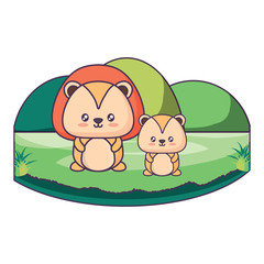 cute lions in the grass over white background, vector illustration