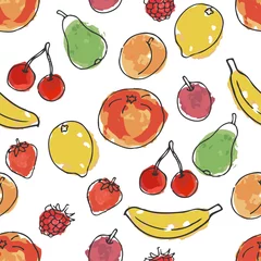 Fototapete Aquarellfrüchte Früchte und Beeren. Nachahmung von Aquarell. Nahtloses Muster im Doodle- und Cartoon-Stil. Vektor.