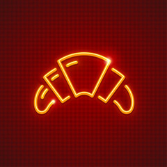 French croissant for breakfast neon icon. Sweet fancy baking