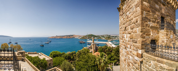 Sunny panoramic view of harbour from Castle of St. Peter, Bodrum, Mugla province, Turkey.