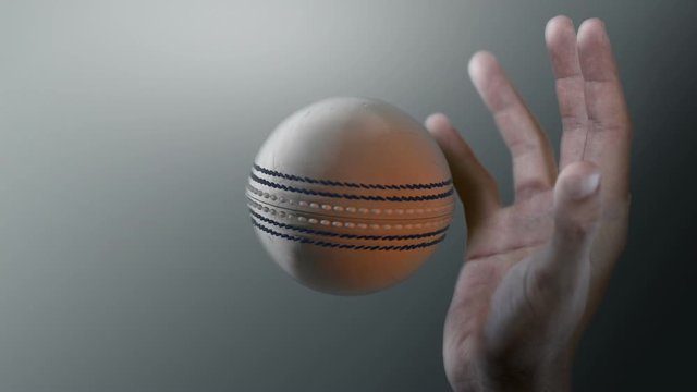 A closeup of a white cricket ball caught in ultra motion flying through the air about to be caught by a dirty hand