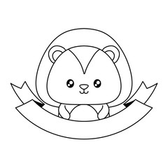 decorative ribbon and cute lion icon over white background, vector illustration