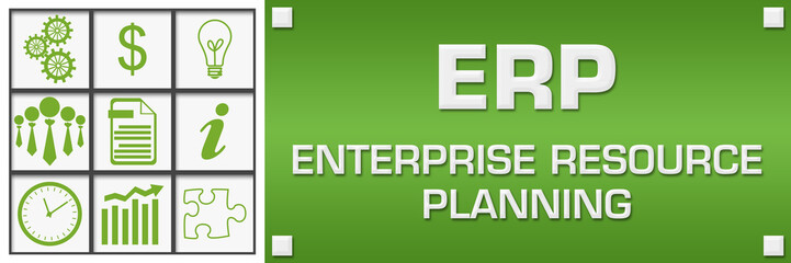 ERP - Enterprise Resource Planning Green Business Symbols Grid Left 