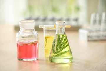 Flasks with plants on table in laboratory