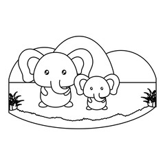 cute elephants in the grass over white background, vector illustration