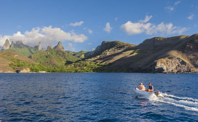 approaching Ua Pou Island from sea, Marquesas Archipelago, French Polynesia, spectacular landscape...