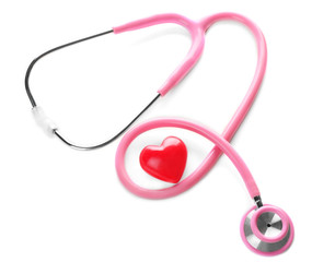 Medical stethoscope with heart on white background. Health care concept