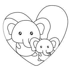 heart with cute elephants over white background, vector illustration