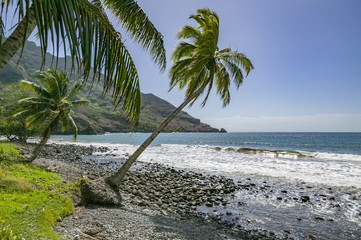Landscape with Beach and mountains on Hiva Oa Island, Marquesas Archipelago, French Polynesia