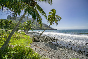 Landscape with Beach and mountains on Hiva Oa Island, Marquesas Archipelago, French Polynesia