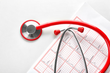 Medical stethoscope with cardiogram sheet on white background. Health care concept