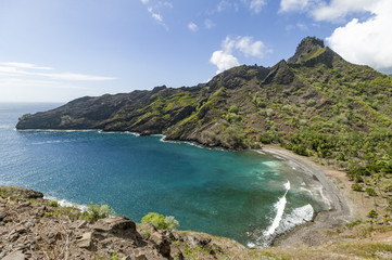 Fototapeta na wymiar Landscape with Beach and mountains on Hiva Oa Island, Marquesas Archipelago, French Polynesia