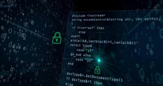 Cyber security breach on digital background concept. Opening padlocks for access to data, computer hacking in abstract loopable animation.