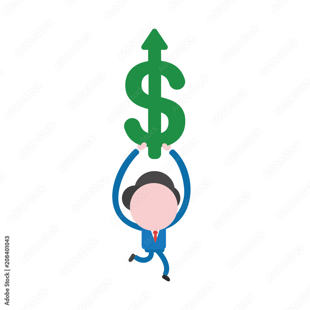 Poster vector businessman character running and holding dollar with arrow moving up
