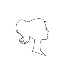 Black profile contour silhouette of young girl or woman head, face profile, vignette.
