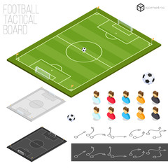 Vector soccer field, football tactical board with figures and ball, isometric.