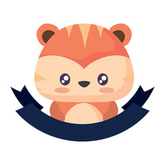 decorative ribbon and cute tiger icon over white background, vector illustration