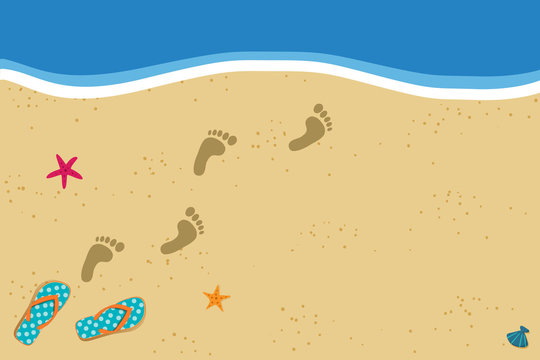 Summer border with copy space flip flops and foot prints on sandy beach background