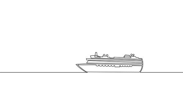 Single continuous one line art ocean travel vacation. Sea voyage holiday tropical island ship liner cruise journey concept design sketch outline drawing vector illustration