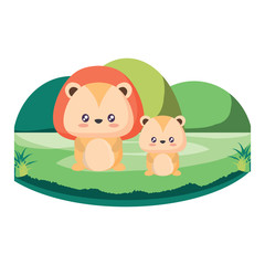 Obraz na płótnie Canvas cute lions in the grass over white background, vector illustration