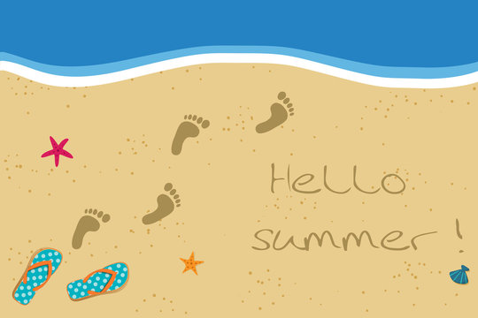 Hello summer illustration with flip flops and footprints on sandy beach background