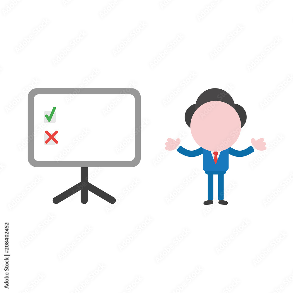 Poster vector businessman character and presentation chart with check and x marks