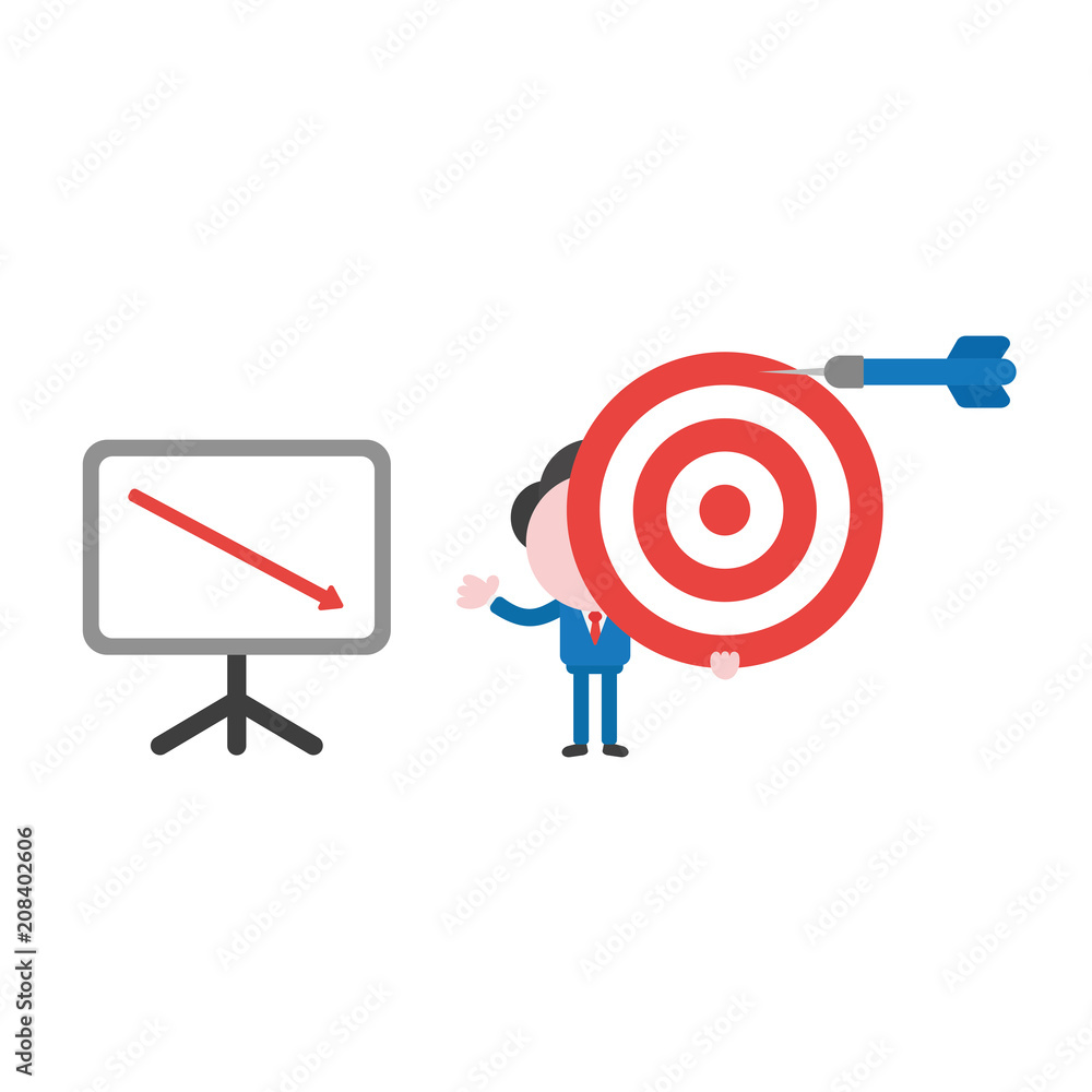 Poster vector businessman character holding bulls eye with dart miss the mark and showing sales chart arrow
