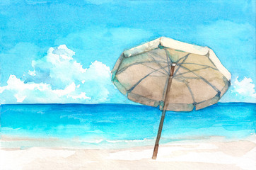 Umbrella on the wonderful tropical beach. Watercolor hand drawn illustration. - 208402618