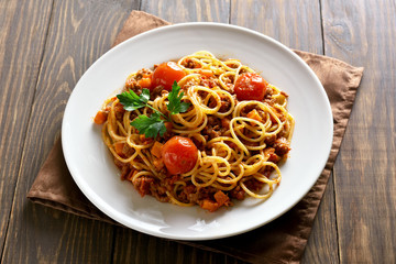 Spaghetti bolognese, top view