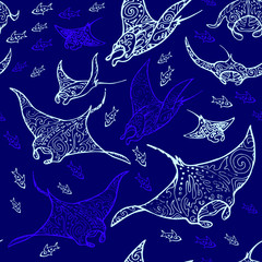 Manta ray and fish in the sea depth, seamless vector pattern