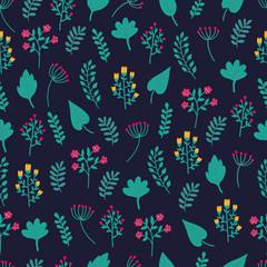 Cute hand drawn floral colorful seamless pattern of flowers and plants on black background. Perfect for scrapbooking, wrapping paper, textile etc. Ditsy print. Vector illustration