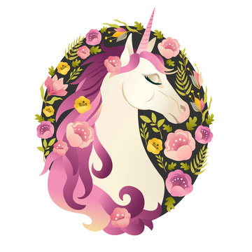 Unicorn head in wreath of flowers Watercolor illustration.