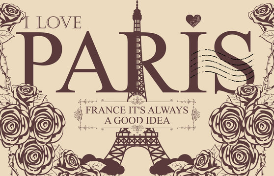 Retro postcard with the famous french Eiffel tower in Paris, France. Vector postcard in vintage style with words I love Paris, french landmark, heart, roses and rubber stamp