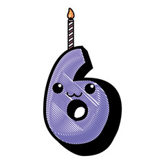Kawaii birthday candle of number six over white background, vector illustration