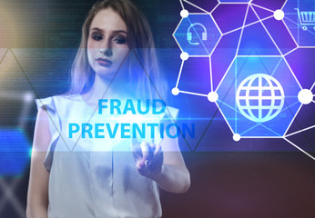 The concept of business, technology, the Internet and the network. A young entrepreneur working on a virtual screen of the future and sees the inscription: Fraud prevention