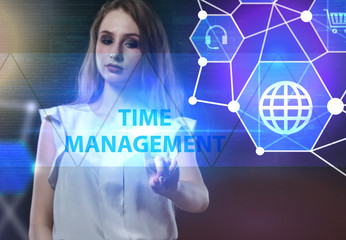 The concept of business, technology, the Internet and the network. A young entrepreneur working on a virtual screen of the future and sees the inscription: Time management