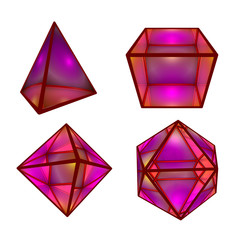 Colorful glass models of platonic solids tetrahedron, hexahedron, octahedron and icosahedron isolated on white background. 3d illustration