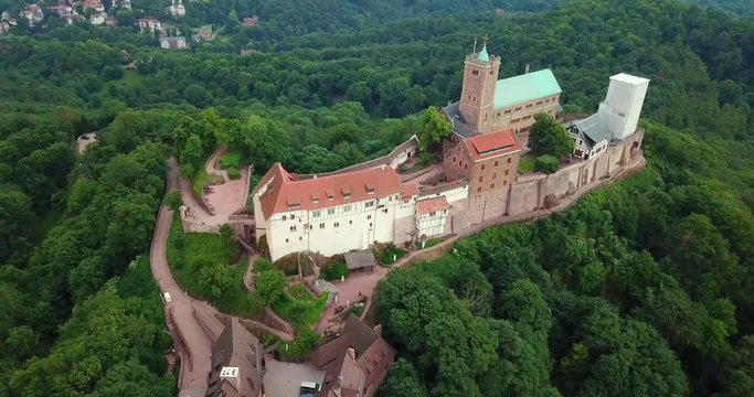 drone aerial video of the Wartburg Thuringia Eisenach Germany UNESCO World Heritage Site