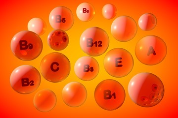 Transparent vitamin A, C, E, B1, B2, B3, B5, B6, B9, B12 pills on orange background. Vitamin and mineral complex. 3d illustration