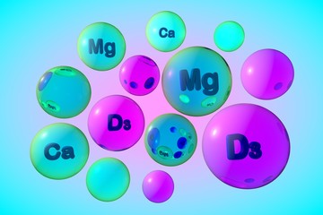 Transparent vitamin D3, calcium and magnesium pills on colorful background. Vitamin and mineral complex