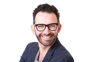 Close up middle age man with glasses smiling against white background