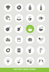 Set of Elegant Universal Black Food Minimalistic Solid Icons on Circular Colored Buttons on Grey Background 