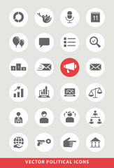 Set of Elegant Universal Black Political Minimalistic Solid Icons on Circular Colored Buttons on Grey Background 
