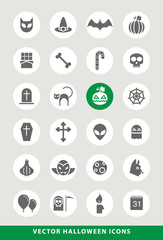 Set of Elegant Universal Black Halloween Minimalistic Solid Icons on Circular Colored Buttons on Grey Background 