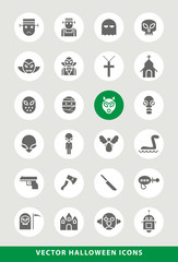 Set of Elegant Universal Black Halloween Minimalistic Solid Icons on Circular Colored Buttons on Grey Background 