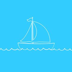 white outline silhouette of sailing ship on blue background.