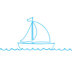 Blue outline silhouette of sailing ship on white background.