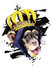 funny monkey in the crown hand drawn watercolor illustration. © Елена Фаенкова