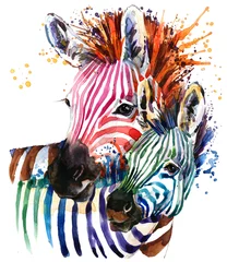 zebraillustration mit spritzaquarellbeschaffenheit. Regenbogenhintergrund für Modedruck, Poster für Textilien, Modedesign © Елена Фаенкова