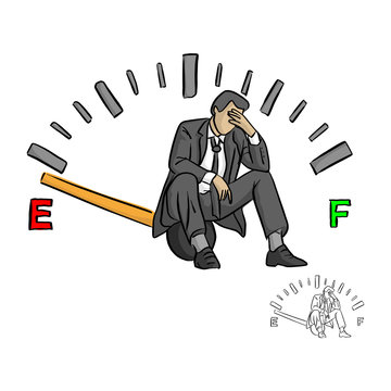 serious businessman sitting on fuel gauge sign vector illustration sketch doodle hand drawn with black lines isolated on white background